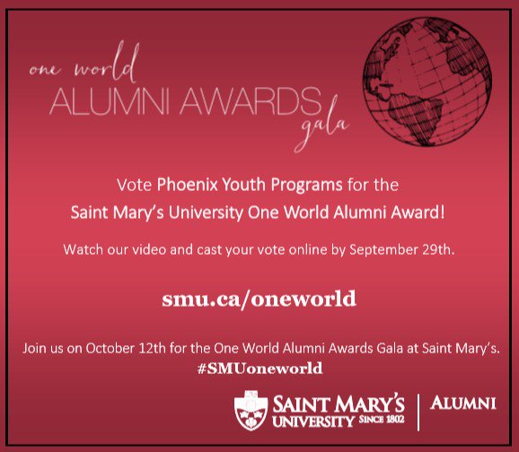 Vote for Phoenix to win the @SMUAlumniHfx  One World Award ($7,500). Why Phoenix? Watch &amp; see: https://t.co/h4nPxIYC8e #SMUoneworld https://t.co/l