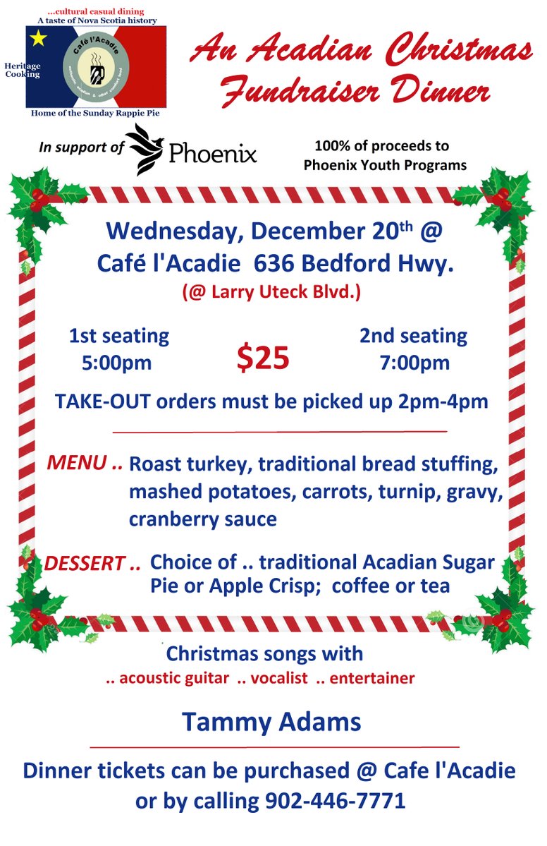 Mmmmm turkey!  @cafelacadie in Bedford is preparing an Acadian Christmas dinner in support of Phoenix to celebrate our 30th year! Get your $25 turkey 