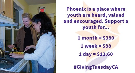 Phoenix is a place where youth are heard, valued and encouraged. Support a youth for a month, week or a day and you’ll be helping youth in need with a