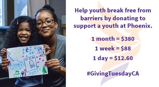 Help youth break free from barriers by donating to support a youth at Phoenix. For 1 youth to access services at Phoenix for a year costs $4,600 or $3