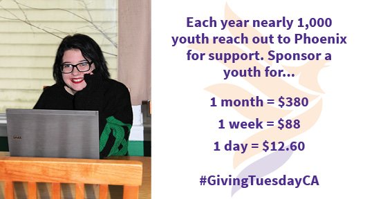 Each year 1,000 youth reach out to Phoenix for support. For each youth to access the help they need costs $4,600/year or $380/month, $88/week, $12.60/