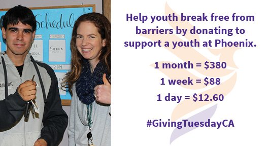 Help youth break free from barriers by donating to support a youth at Phoenix. For 1 youth to access services at Phoenix for a year costs $4,600 or $3