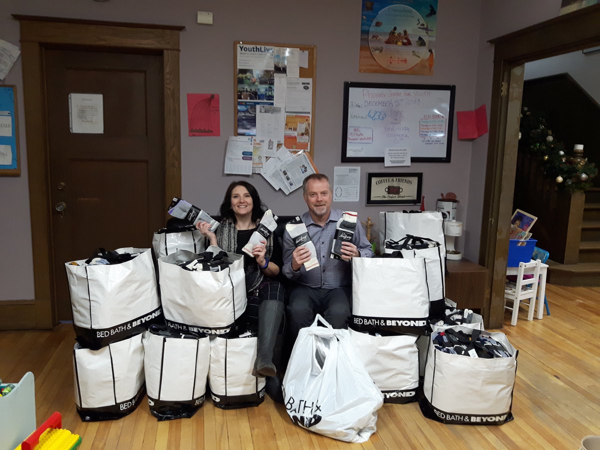 Check out this amazing donation of warm socks! Thanks to the patrons and folks of @BedBathBeyond for helping to keep the feet of youth warm this winte